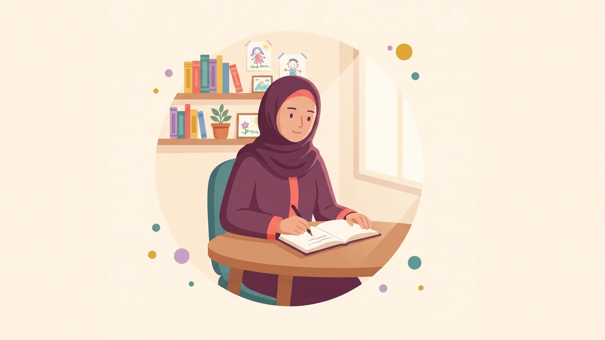 رسم توضيحي لأخصائية تجلس إلى مكتبها الدافئ وخلفها رسومات الأطفال وكتب ملونة
