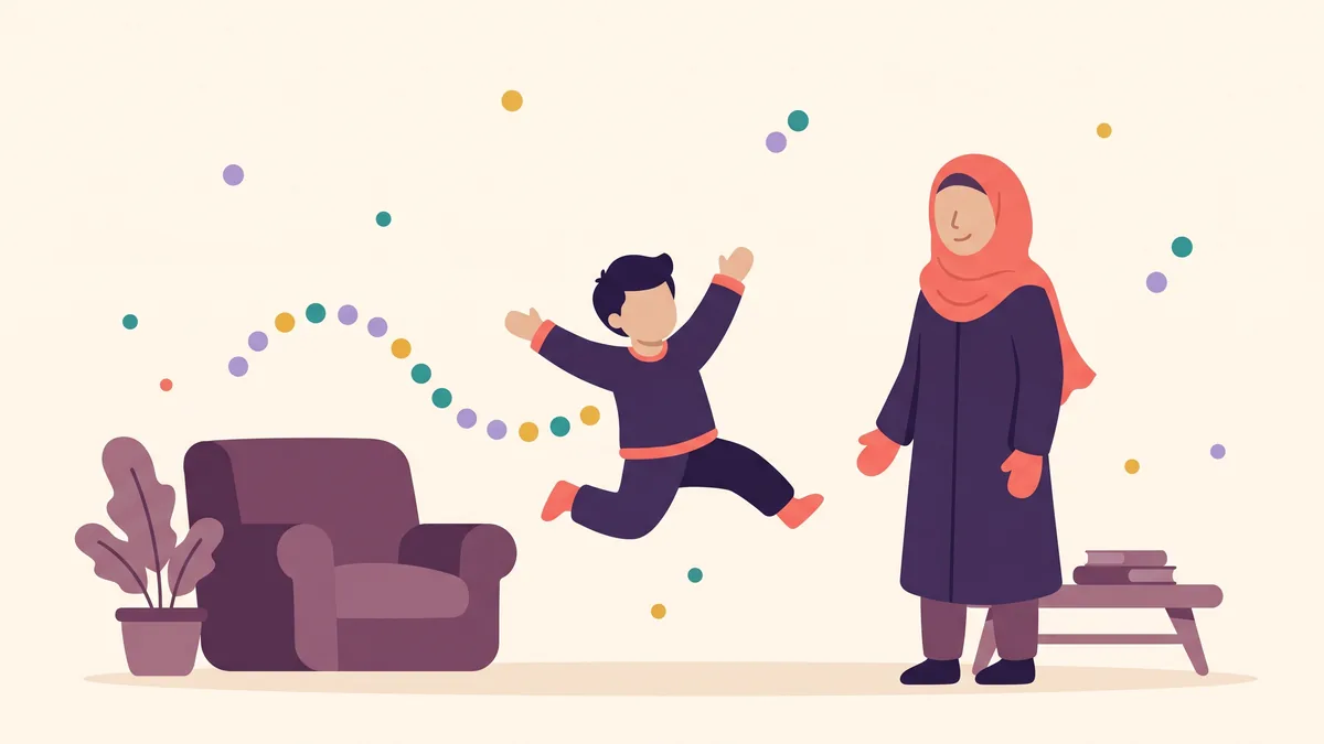 رسم توضيحي لطفل كثير الحركة يقفز وخلفه أقواس من النقاط الملونة