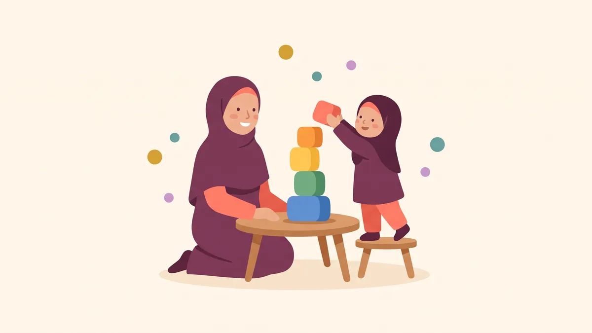 رسم توضيحي لأخصائية وطفل يبنيان برجًا من المكعبات الملونة معًا