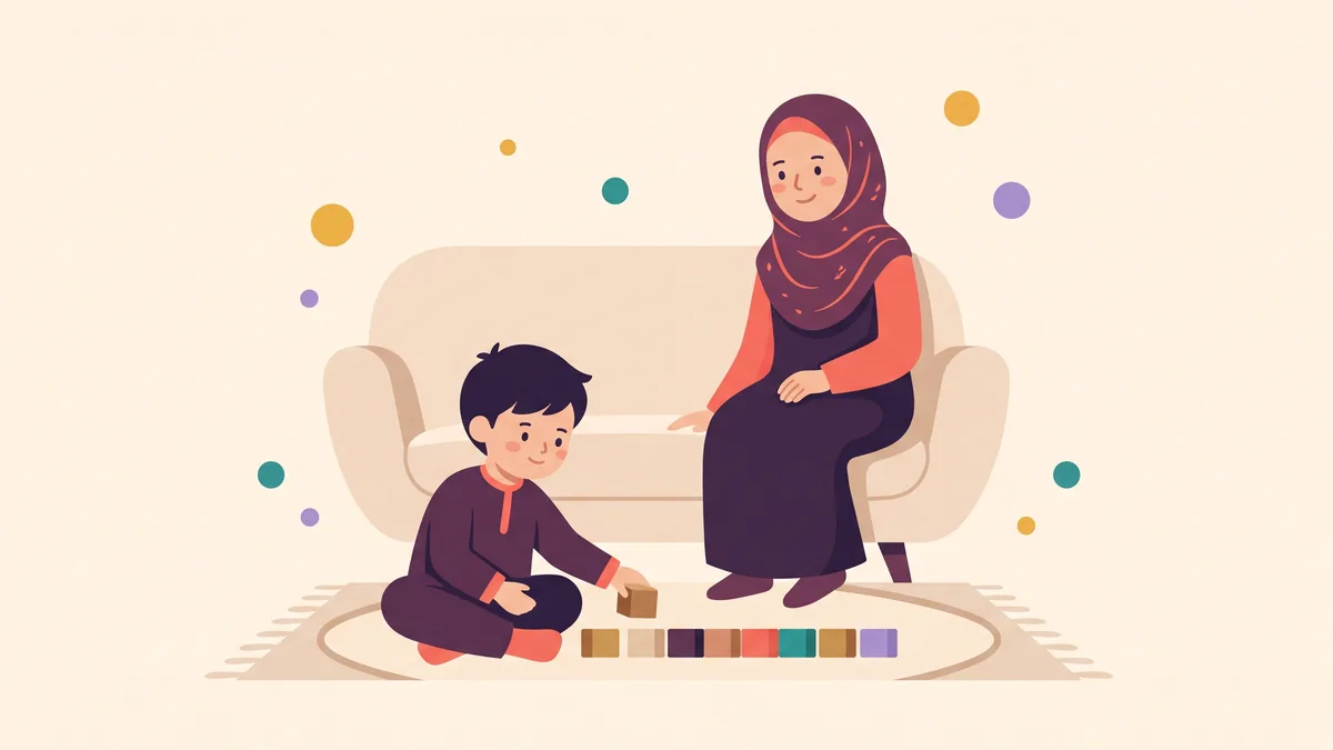 رسم توضيحي لطفل يرصّ المكعبات في صف مستقيم وأمه تراقبه بهدوء