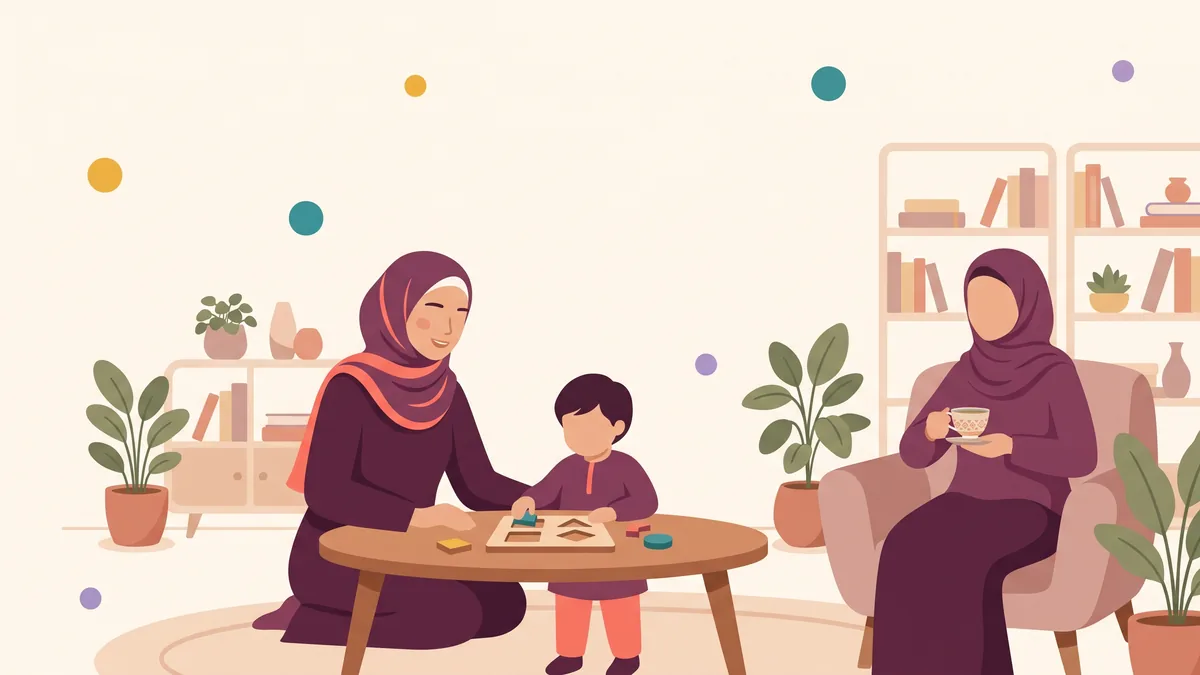 رسم توضيحي لغرفة جلسات دافئة حيث تحل أخصائية مع طفل لغزًا خشبيًا وأمه قريبة منهما