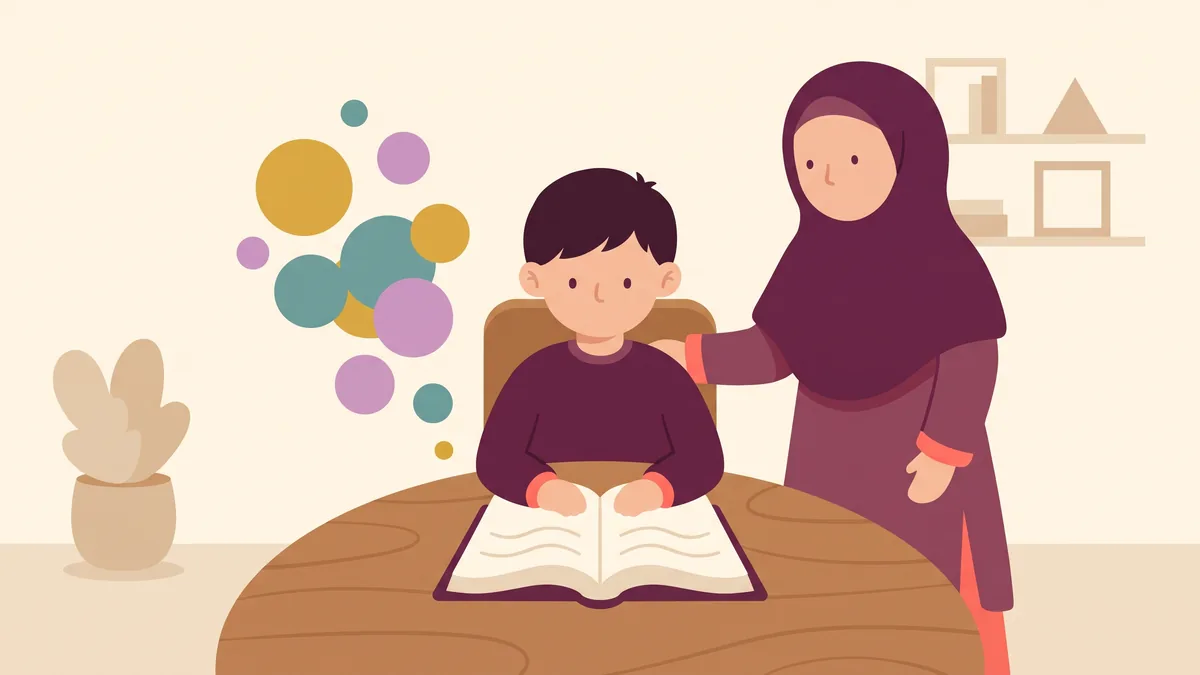 رسم توضيحي لطفل أمام كتابه والأفكار متناثرة فوق الصفحة ويد أمه على كتفه