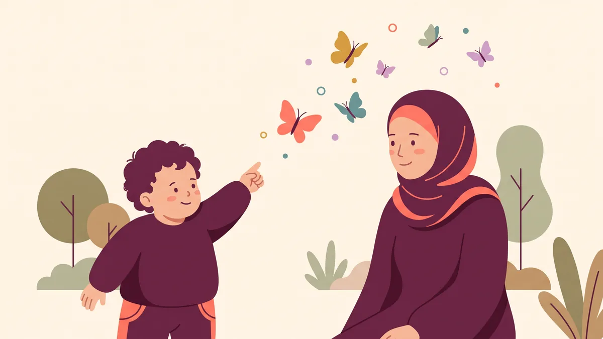 رسم توضيحي لطفل يشير إلى فراشات ملونة ويشارك أمه الفرحة بنظرة واحدة