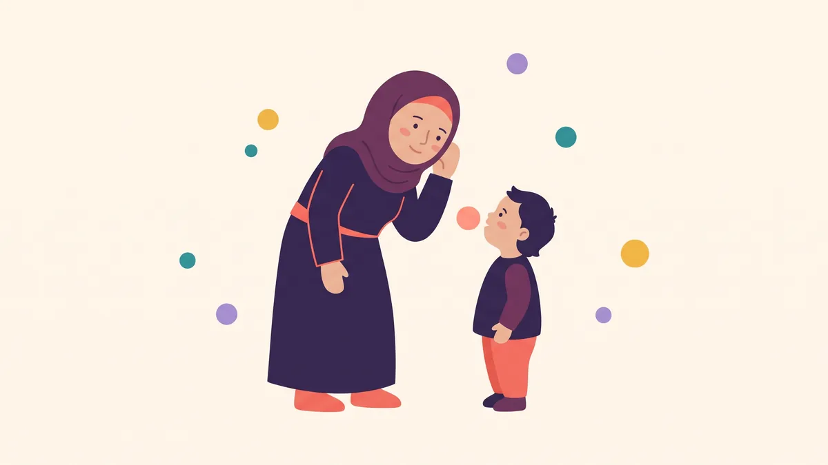 رسم توضيحي لأم تصغي باهتمام لطفلها المتأخر في الكلام