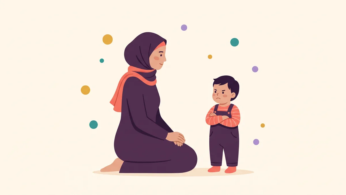 رسم توضيحي لأم هادئة تنزل لمستوى عيني طفلها العنيد المتجهم