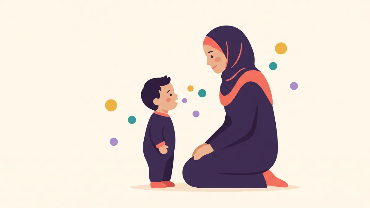 رسم توضيحي لأم تتحدث مع طفلها وجهًا لوجه وكلماته الأولى تتطاير كفقاعات ملونة